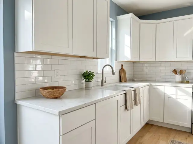Illustration: kitchen with a glossy white subway tile backsplash and white shaker cabinets