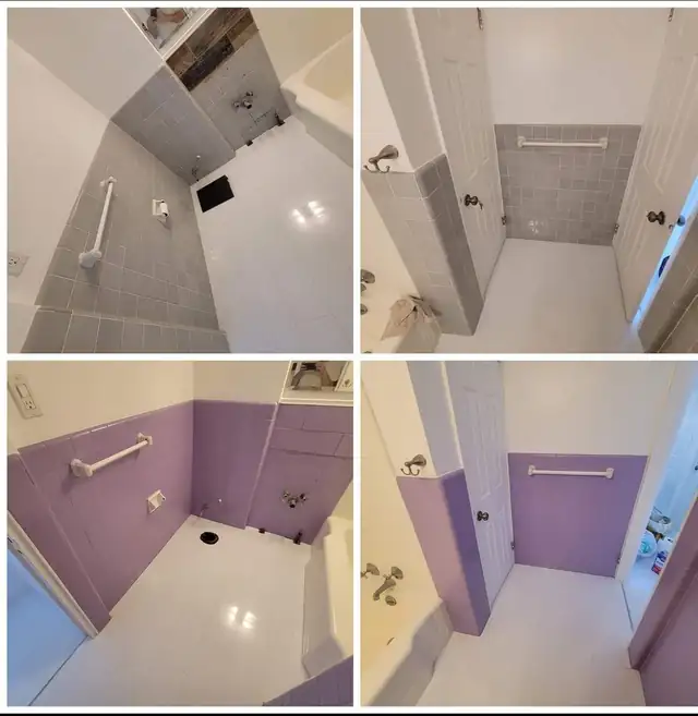 Bathroom tile reglazing shown in four photos, gray and lilac wall tile with white floor